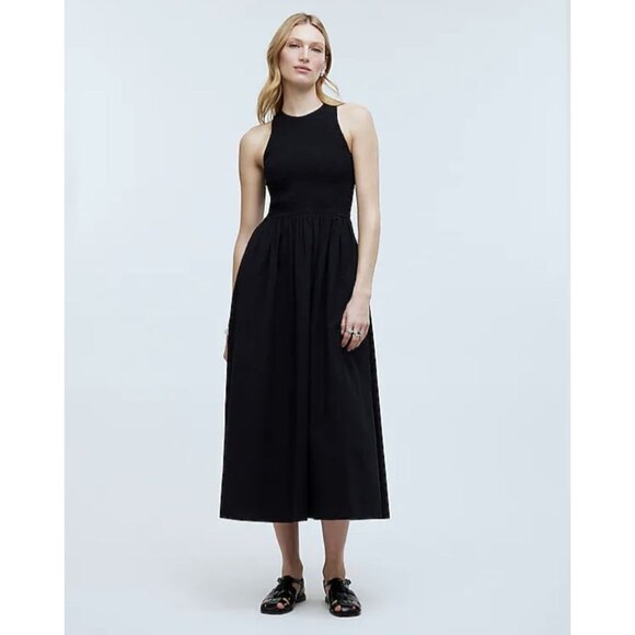MADEWELL The Melody Smocked Poplin Midi Dress Black NWT - Picture 1 of 9